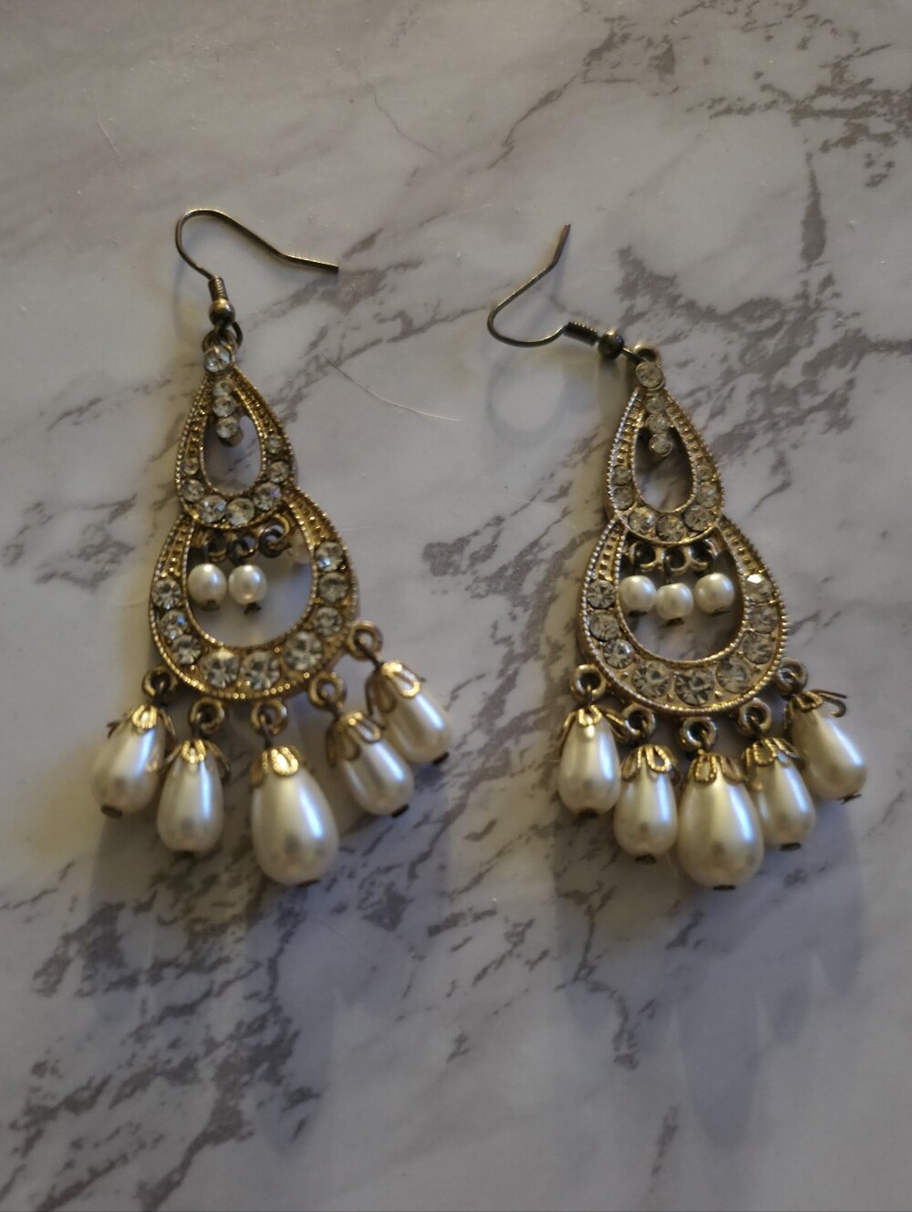 Gold Pearl Teardrop Dangle Earrings Art Deco Wedding Bridal Gatsby Elegant